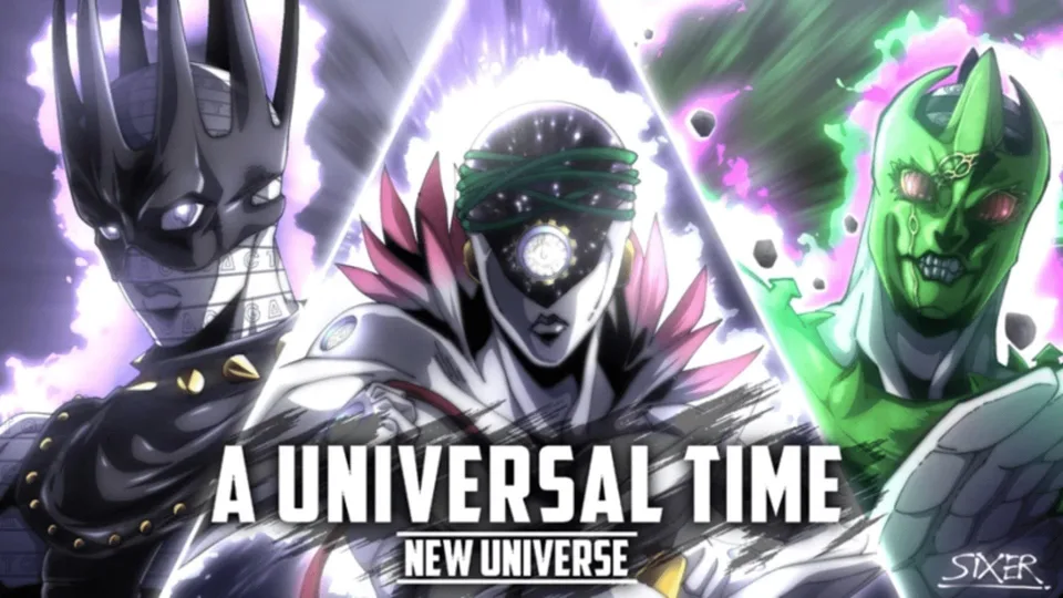 A Universal Time artwork of three iconic stands in a purple starry sky